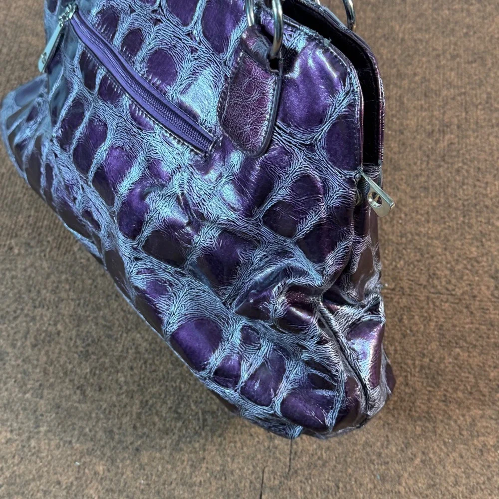 B- Purple Metallic Faux Croc Embossed Satchel Handbag Silver Hardware Top Handle